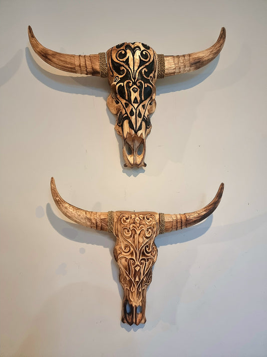 Handcarved Wooden Hanging Cow Skulls